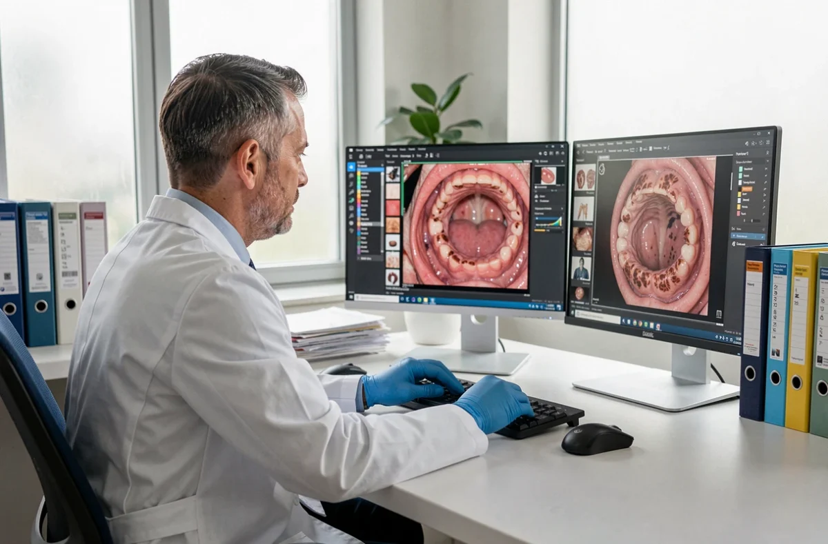 Médecin spécialiste analysant des images de lésions brunes sur la langue sur des écrans médicaux