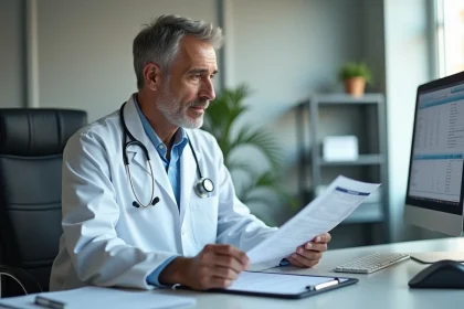 Médecin consultant un rapport d'analyse d'urine dans un cabinet médical moderne pour le suivi d'hématurie