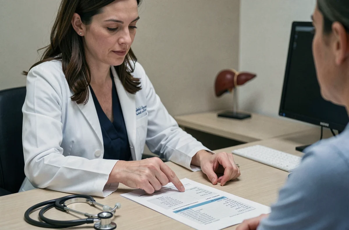 Médecin généraliste expliquant un taux de GGT élevé à un patient lors d'une consultation médicale