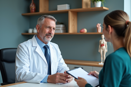 Médecin homme en consultation avec une femme dans un bureau moderne