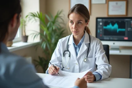 Médecin expliquant des résultats d'analyses sanguines à son patient lors d'une consultation médicale
