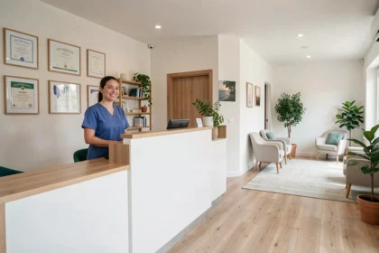 Vue d'ensemble d'un centre dentaire moderne dans l'Ain avec accueil professionnel et ambiance chaleureuse
