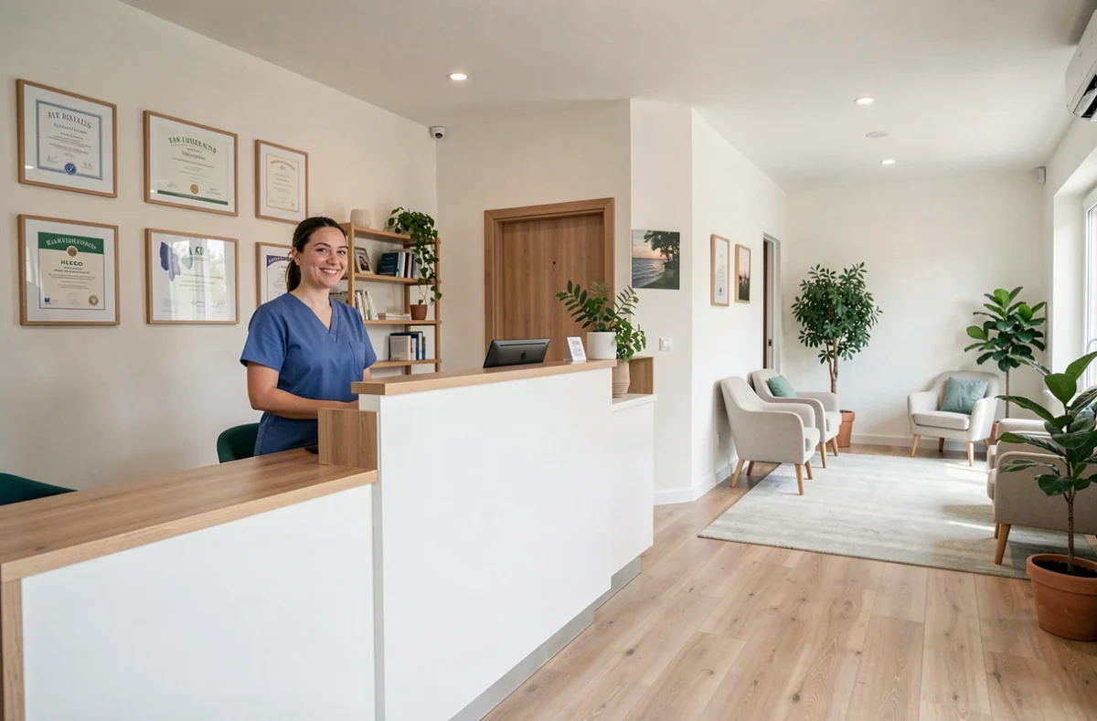 Vue d'ensemble d'un centre dentaire moderne dans l'Ain avec accueil professionnel et ambiance chaleureuse
