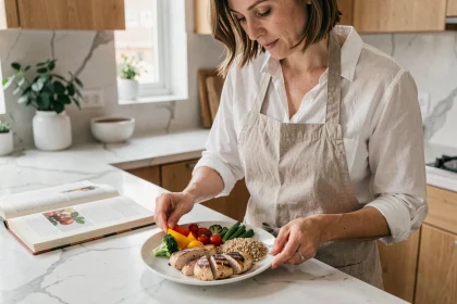 Femme préparant un menu de régime équilibré avec des aliments sains sur un comptoir de cuisine moderne