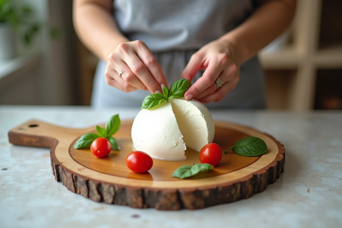 Planche de mozzarella di bufala fraîche avec tomates et basilic, mains de femme enceinte inspectant le fromage
