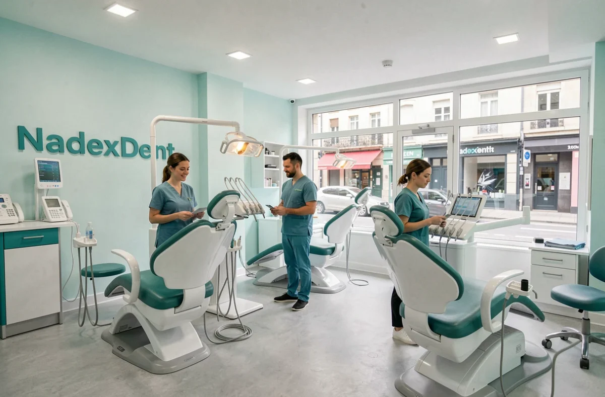Vue intérieure du centre dentaire NadexDent dans l'Ain avec équipe et espace de soins moderne