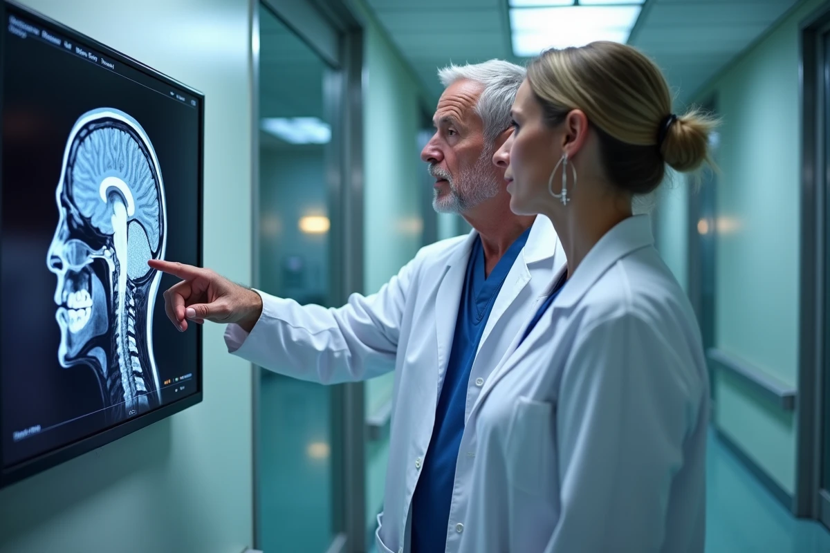 Deux neurochirurgiens analysant un scanner cérébral pour un second avis médical dans un hôpital