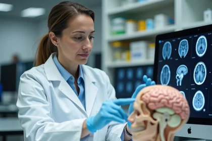 Neuroscientifique examinant un modèle anatomique du cerveau humain dans un laboratoire de neurosciences moderne, pointant la région hippocampique