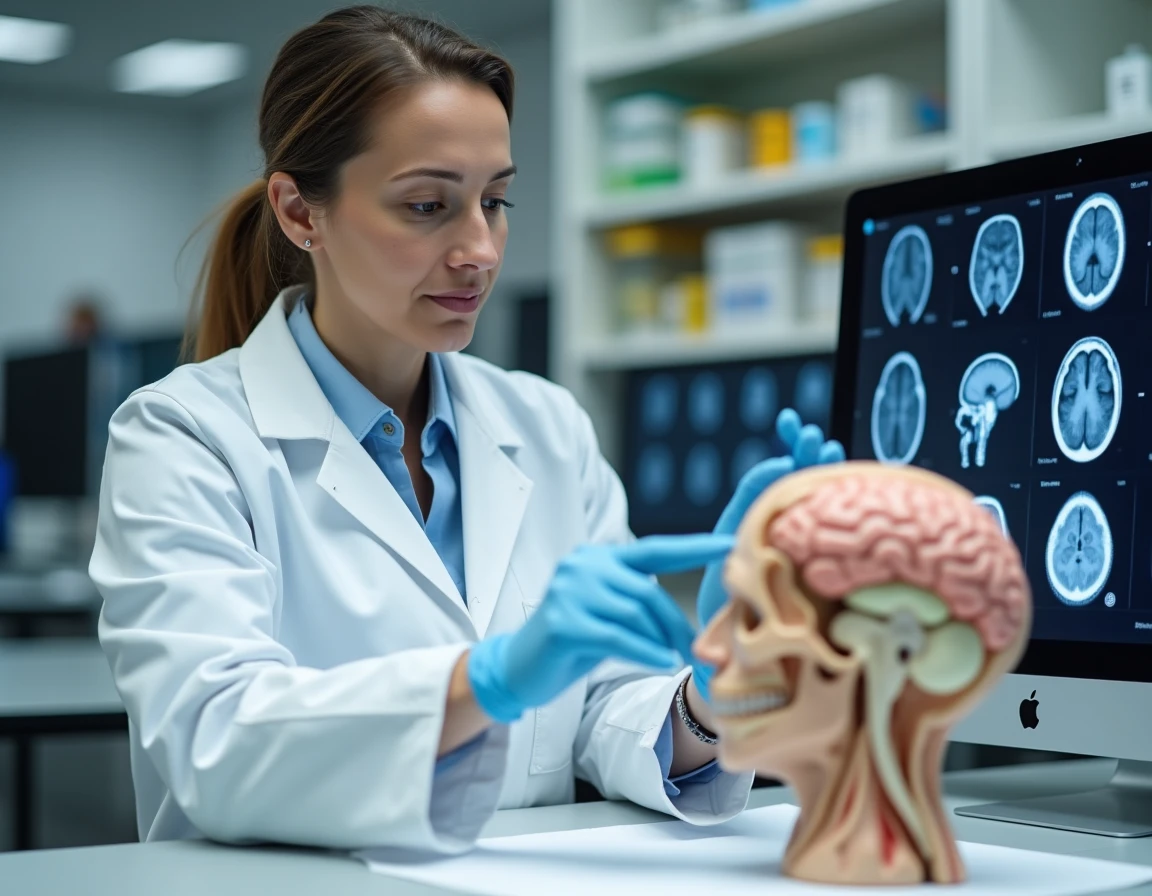 Neuroscientifique examinant un modèle anatomique du cerveau humain dans un laboratoire de neurosciences moderne, pointant la région hippocampique