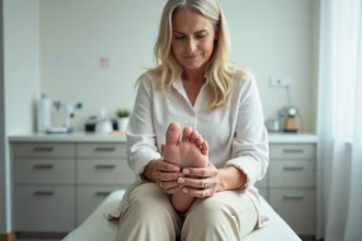 Femme mature examinant un ongle épais du pied chez un podologue en cabinet médical