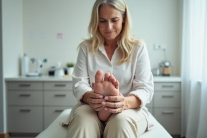 Femme mature examinant un ongle épais du pied chez un podologue en cabinet médical