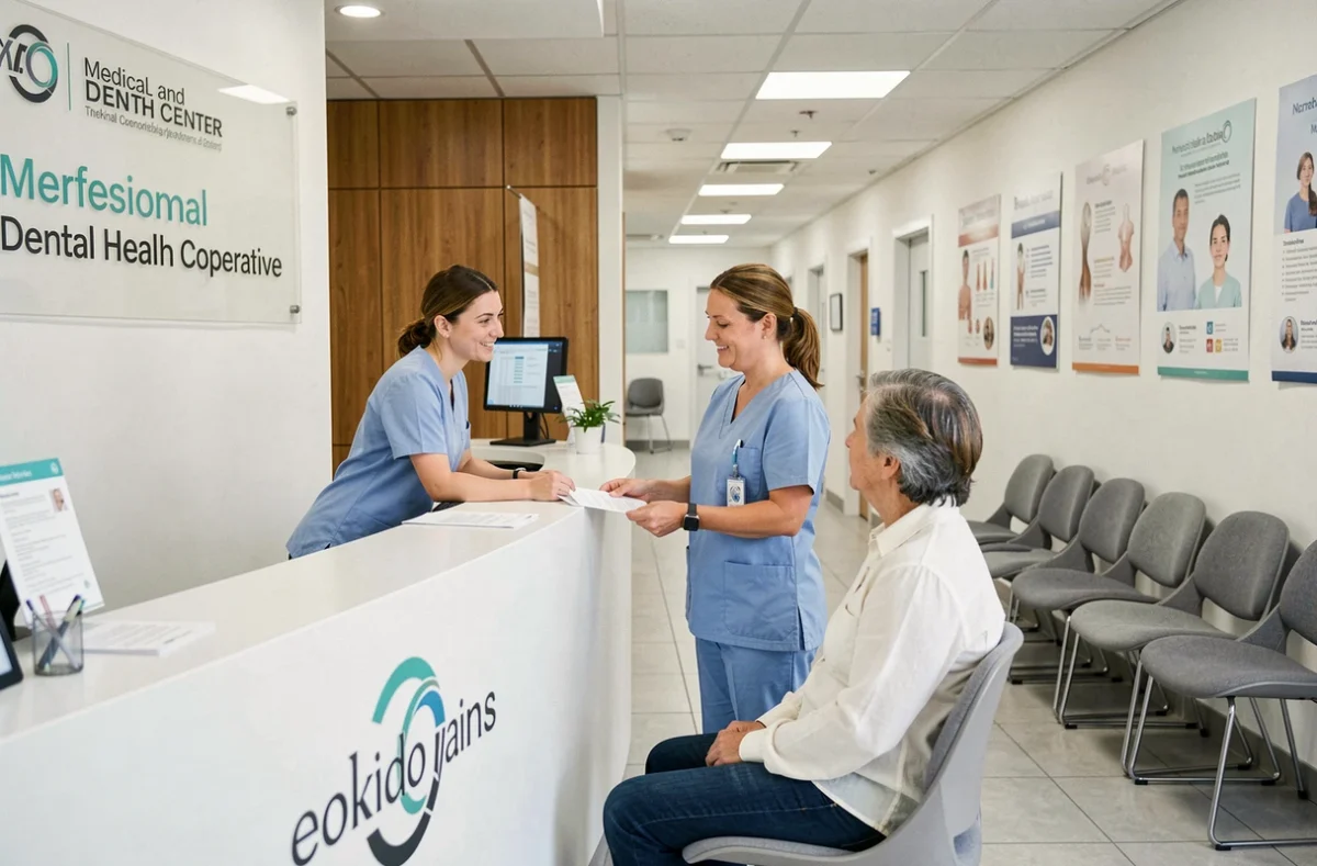 Accueil professionnel du centre médical et dentaire Oxance dans l'Ain avec personnel en blouse