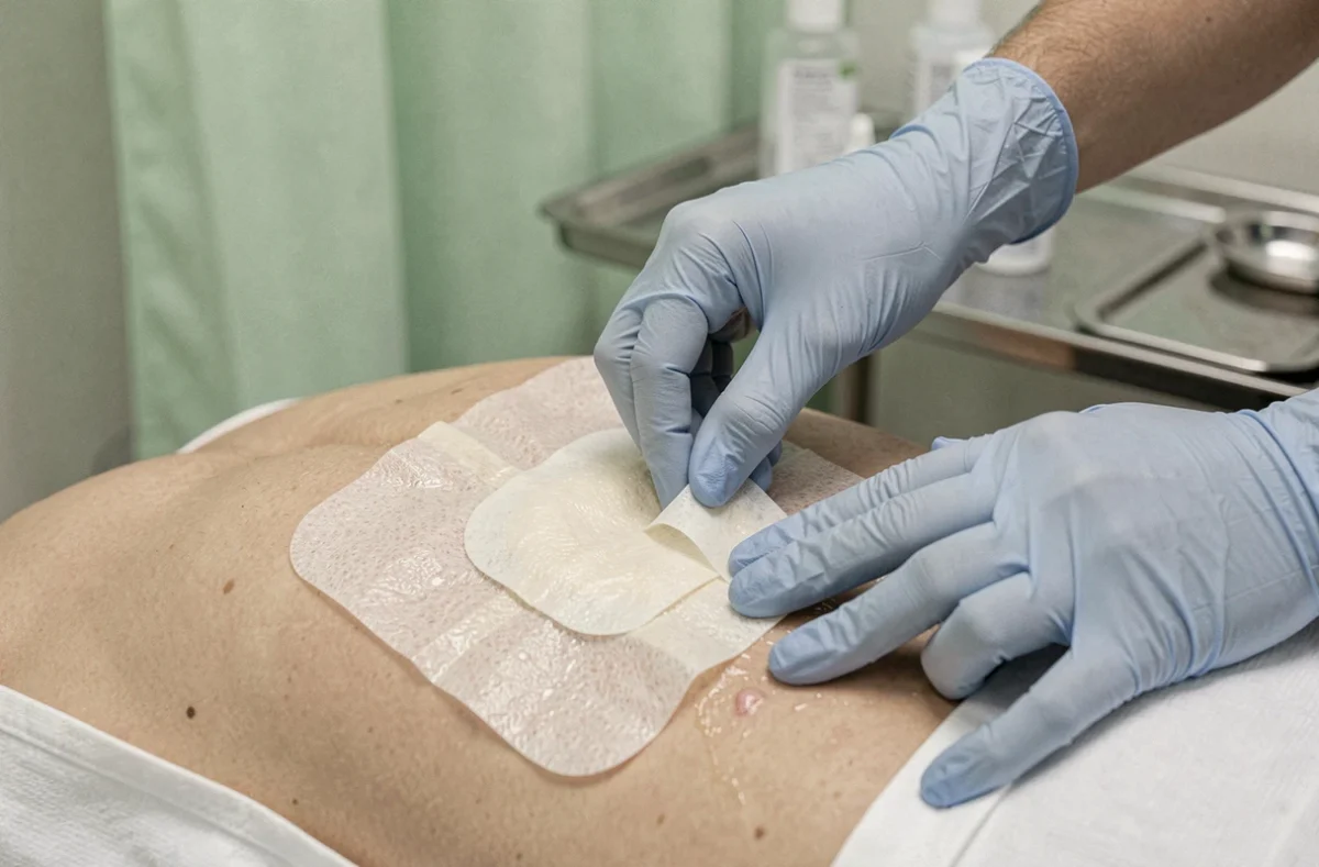 Mains gantées d'un professionnel de santé appliquant un pansement moderne sur une escarre en cours de cicatrisation dans une clinique de soins de plaies