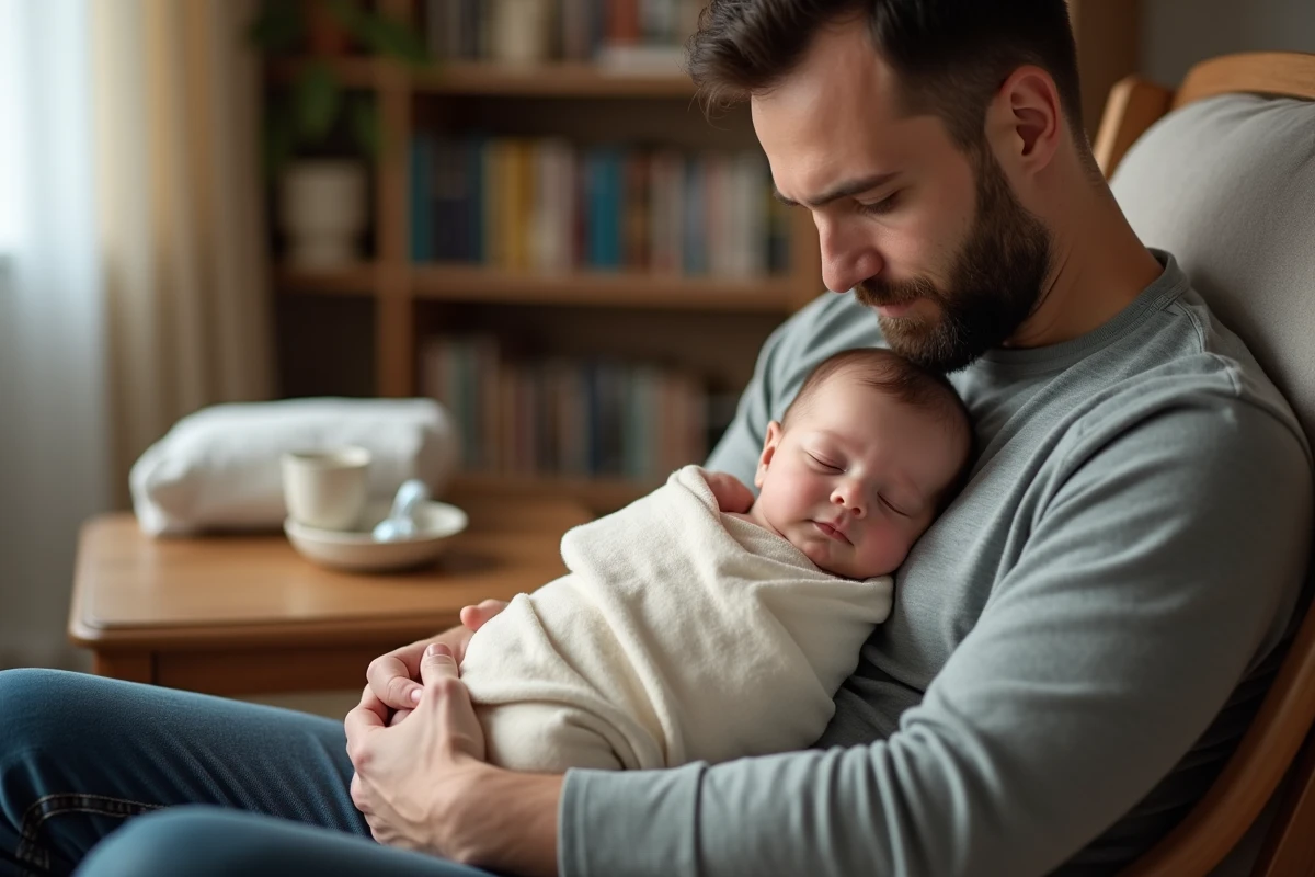 Papa tenant son bébé endormi après la routine de lavage du nez au sérum physiologique dans un salon apaisant