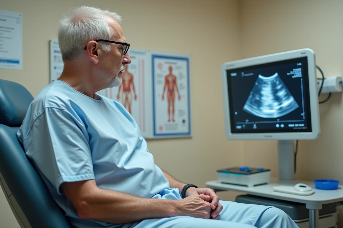 Patient en consultation urologique observant une échographie pour le suivi médical d'un caillot de sang dans les urines