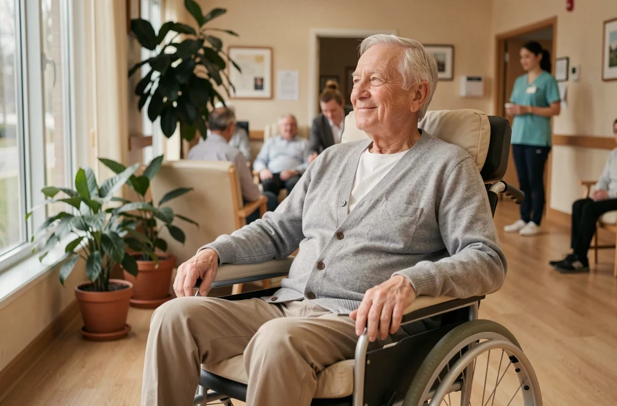 Patient âgé en fauteuil roulant avec coussin anti-escarres dans un centre de rééducation, en phase de récupération et de cicatrisation durable