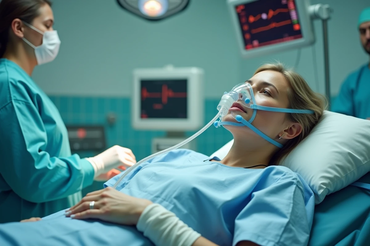 Patiente sous anesthésie générale sur table d'opération avec masque à oxygène et perfusion