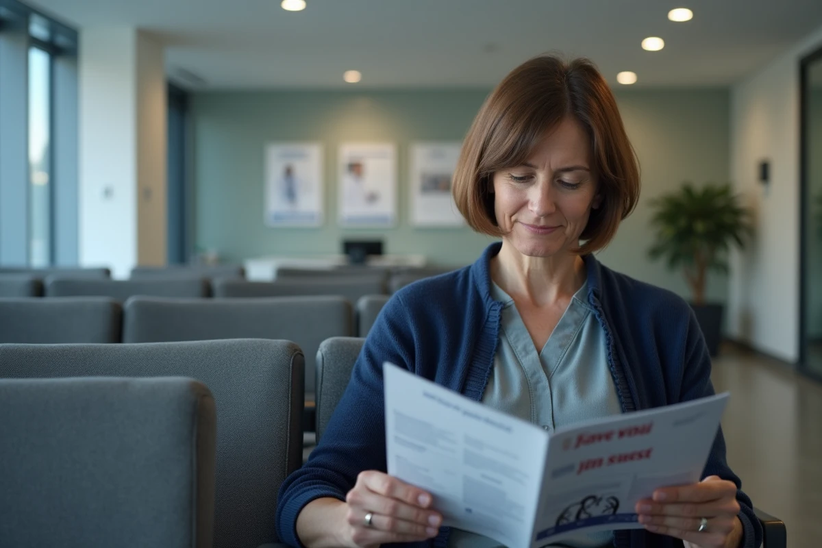 Patiente lisant une brochure sur le deuxième avis en neurochirurgie dans une salle d'attente hospitalière