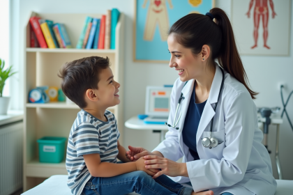 Pédiatre souriante parlant à une fille dans un cabinet