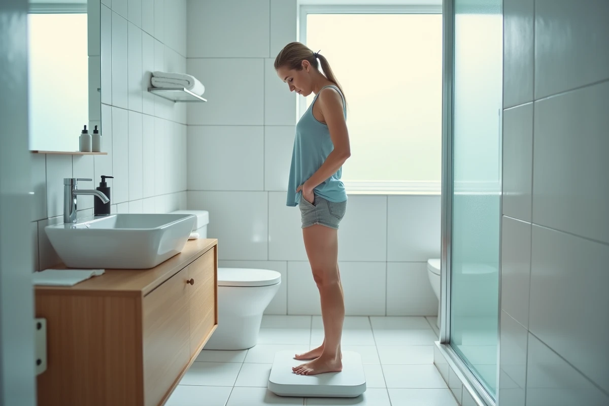 Femme sur une balance dans une salle de bain moderne, regard préoccupé vers le bas, illustrant une perte de poids inexpliquée et ses risques pour la santé