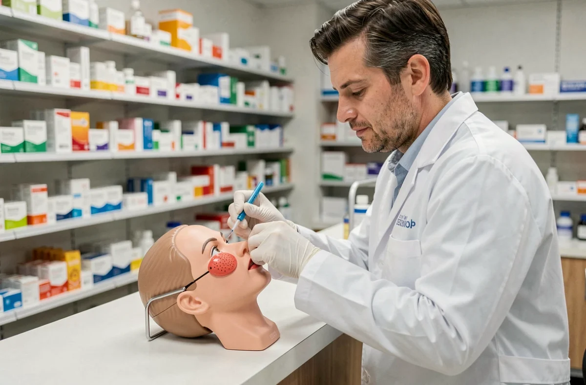 Pharmacien expliquant l'application correcte d'une pommade ophtalmique sur un modèle anatomique