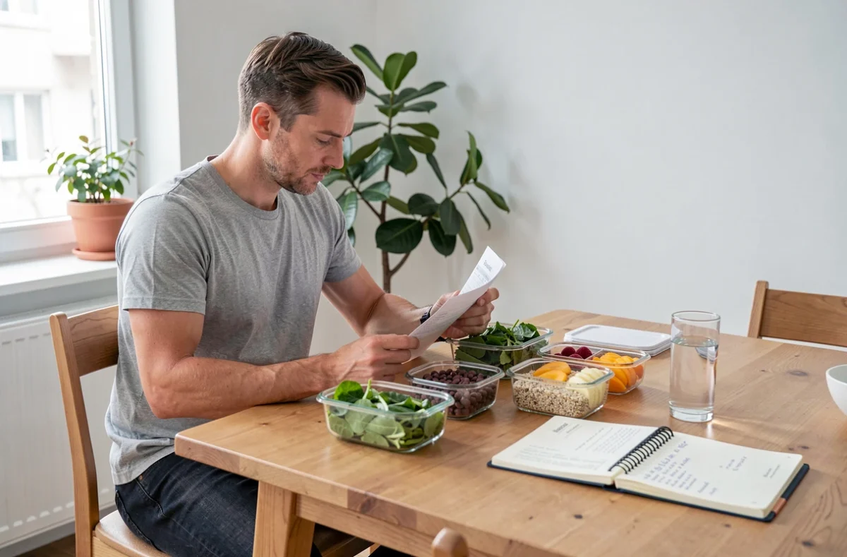 Homme consultant un plan nutritionnel équilibré avec des repas préparés et des aliments sains sur une table en bois