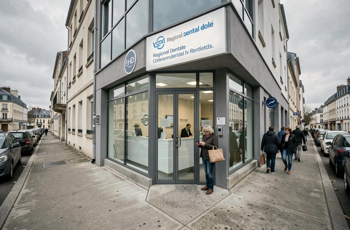 Façade extérieure du Pôle Dentaire d'Oyonnax avec patients arrivant à l'entrée de la clinique