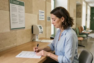 Femme remplissant un formulaire de demande de rendez-vous au guichet d'une administration publique en Seine-et-Marne