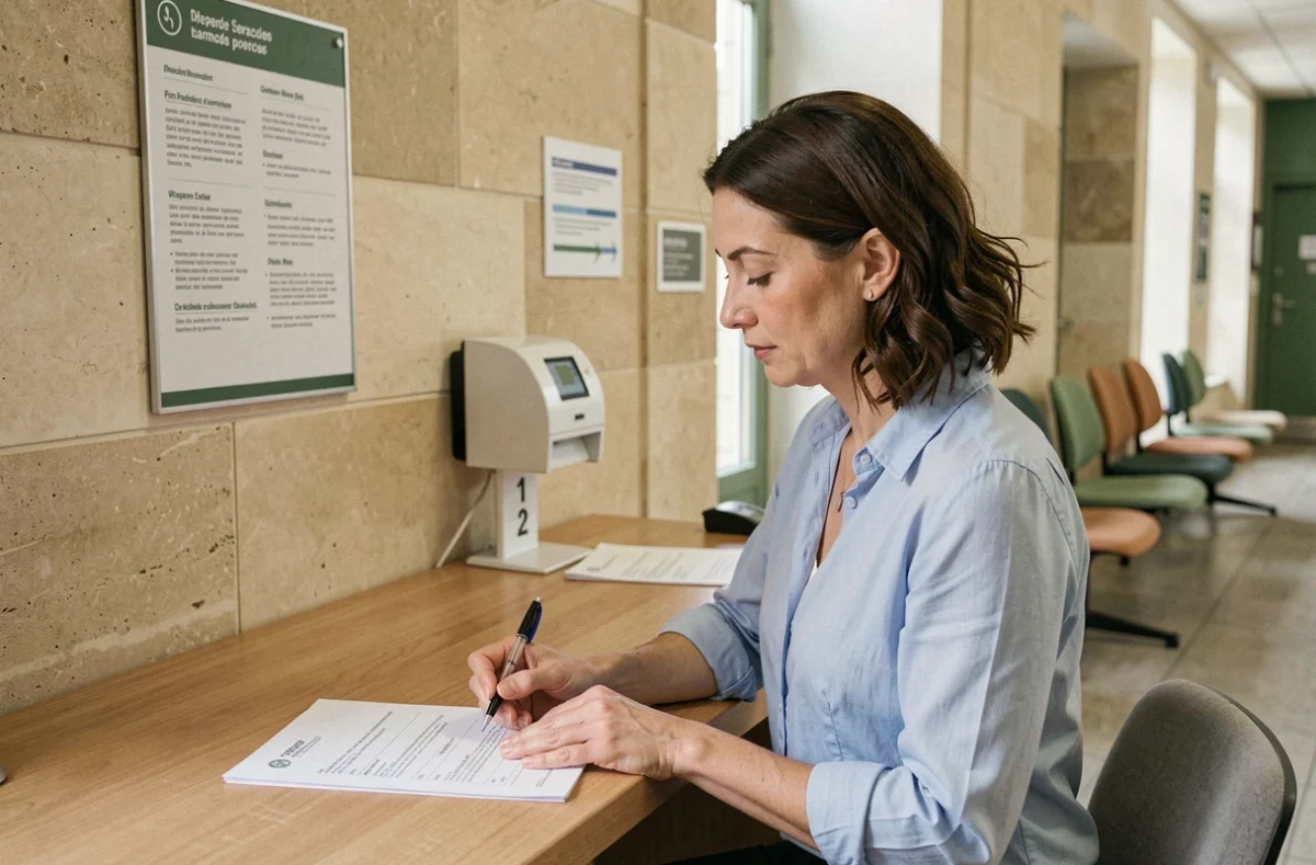 Femme remplissant un formulaire de demande de rendez-vous au guichet d'une administration publique en Seine-et-Marne