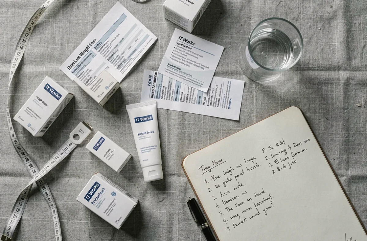 Vue de dessus de produits IT Works pour la perte de poids posés sur un tissu gris avec un mètre ruban et des notes manuscrites