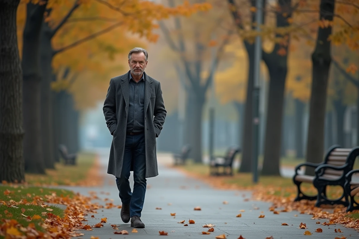 Homme marchant dans un parc urbain en automne