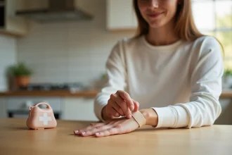 Femme appliquant un bandage protecteur sur un doigt blessé à la maison pour protéger la matrice de l'ongle