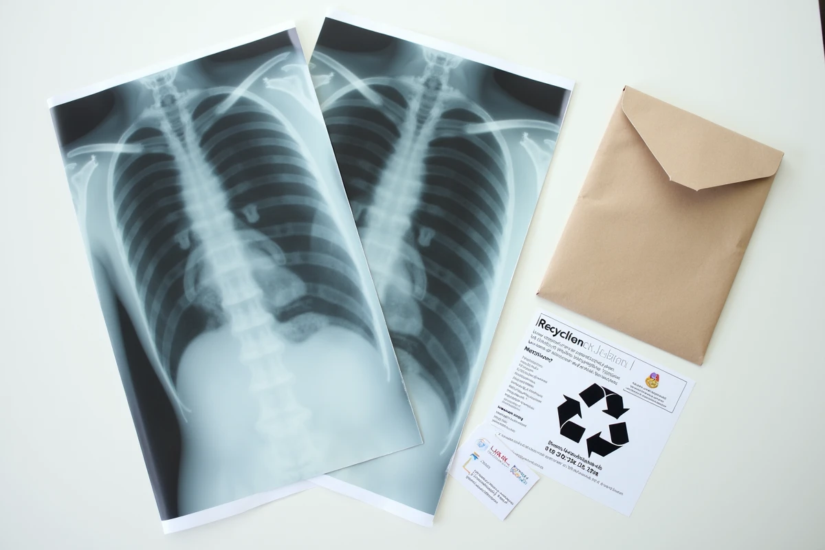 Vue du dessus de radiographies médicales posées sur une table blanche avec une brochure de recyclage en français