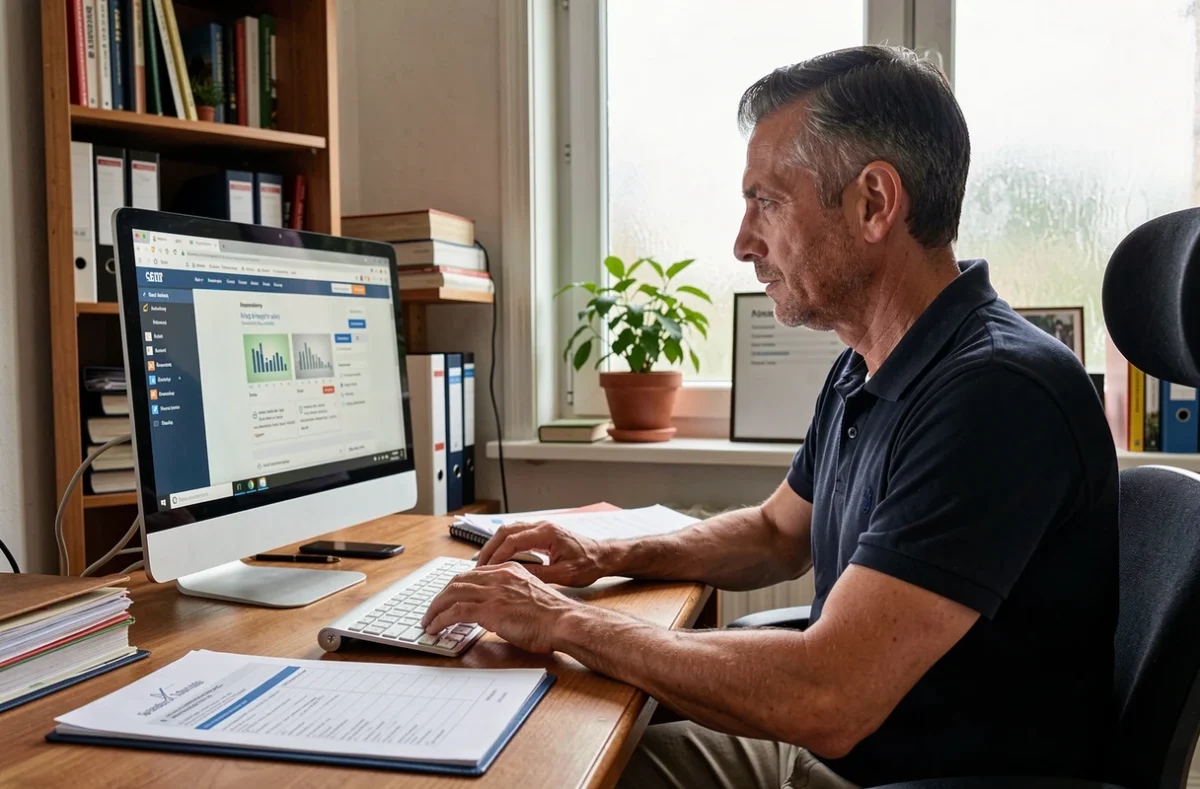 Homme prenant rendez-vous en ligne sur le site du CIMG77 depuis son bureau à domicile avec des documents administratifs