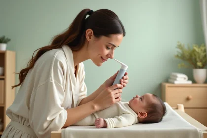 Maman appliquant un sérum physiologique dans le nez de son bébé lors de la routine du soir dans la chambre d'enfant