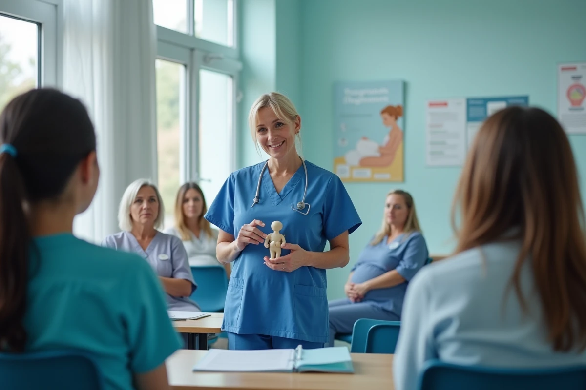 Sage-femme montre un modèle de bébé à des femmes enceintes