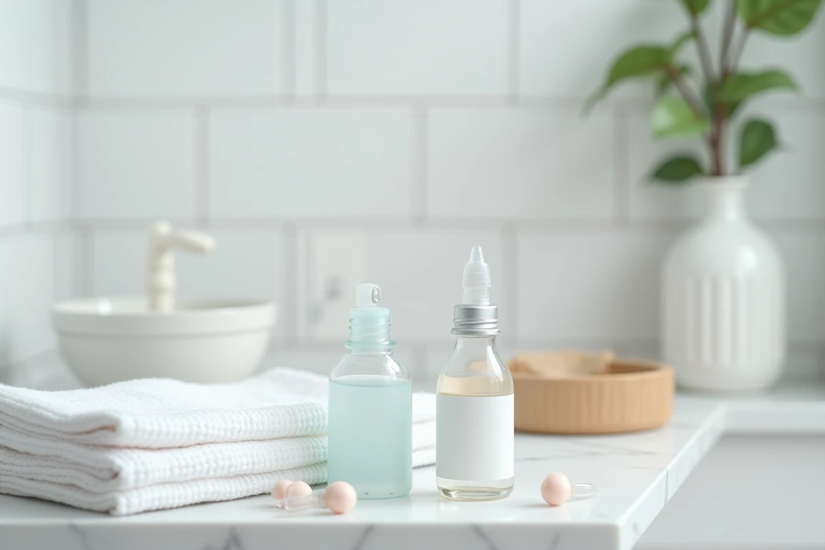 Sérum physiologique en ampoule et mouche-bébé posés sur une étagère de salle de bain pour le soin nasal du nourrisson