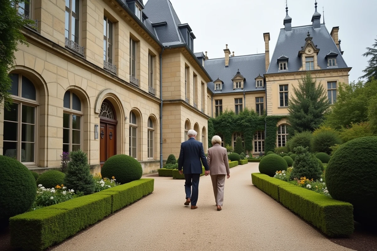 Façade d'une station thermale française spécialisée en neurologie avec couple se dirigeant vers l'entrée