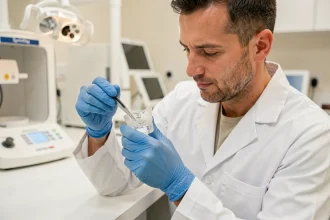 Technicien dentaire examinant une couronne en résine imprimée en 3D par SprintRay dans un laboratoire dentaire moderne