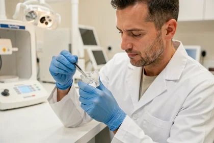 Technicien dentaire examinant une couronne en résine imprimée en 3D par SprintRay dans un laboratoire dentaire moderne