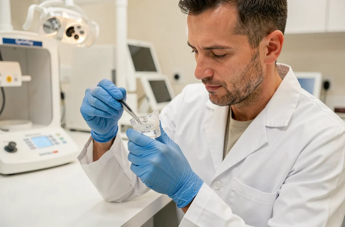 Technicien dentaire examinant une couronne en résine imprimée en 3D par SprintRay dans un laboratoire dentaire moderne