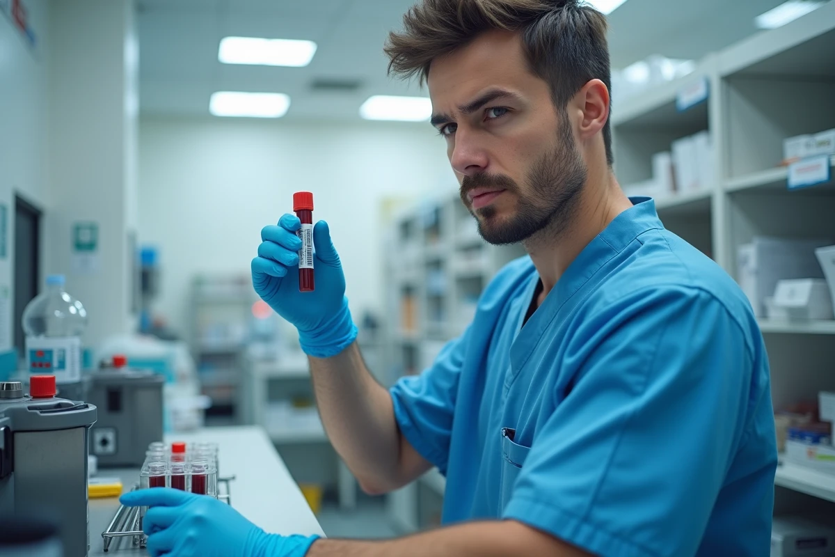 Technicien de laboratoire manipulant un tube de prise de sang pour une analyse de kaliémie