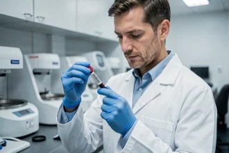 Technicien de laboratoire tenant un tube de prise de sang pour analyse des Gamma GT en laboratoire médical