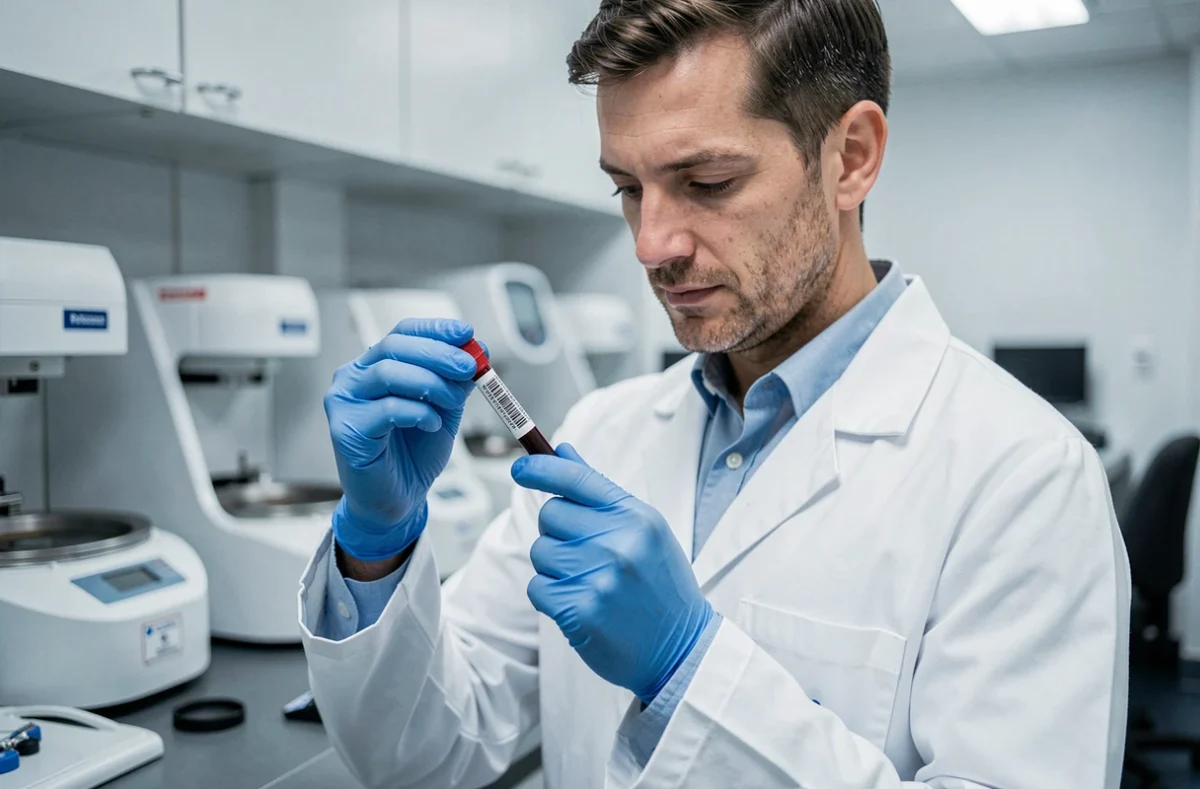 Technicien de laboratoire tenant un tube de prise de sang pour analyse des Gamma GT en laboratoire médical