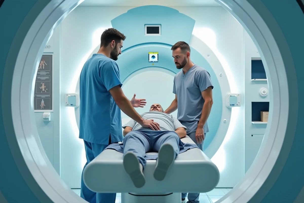 Technicien en radiologie guide un patient vers un scanner MRI