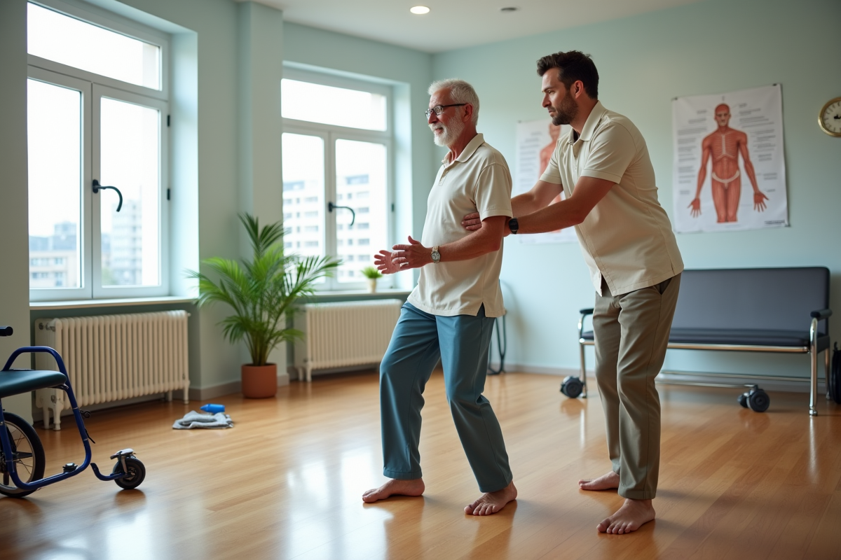 Kinésithérapeute aidant un patient en rééducation