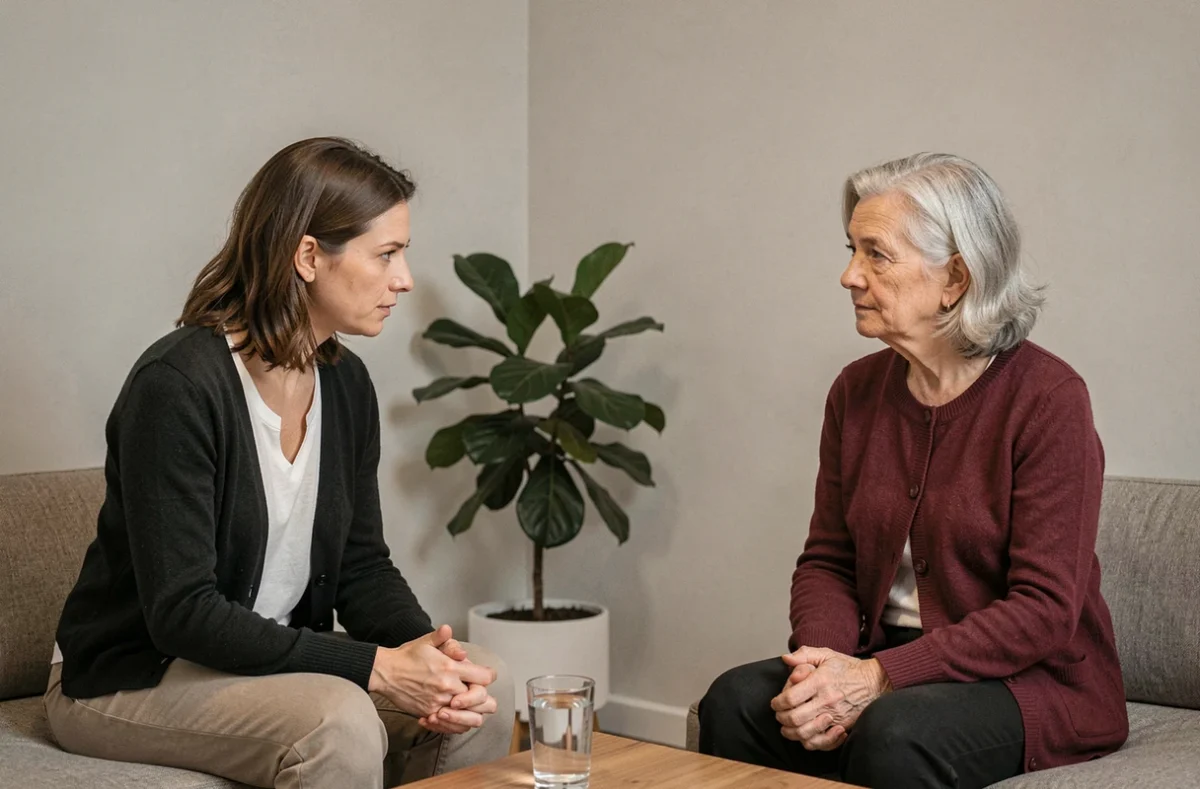 Séance de thérapie entre une psychologue et une patiente discutant des causes émotionnelles enfouies pouvant déclencher une diverticulite