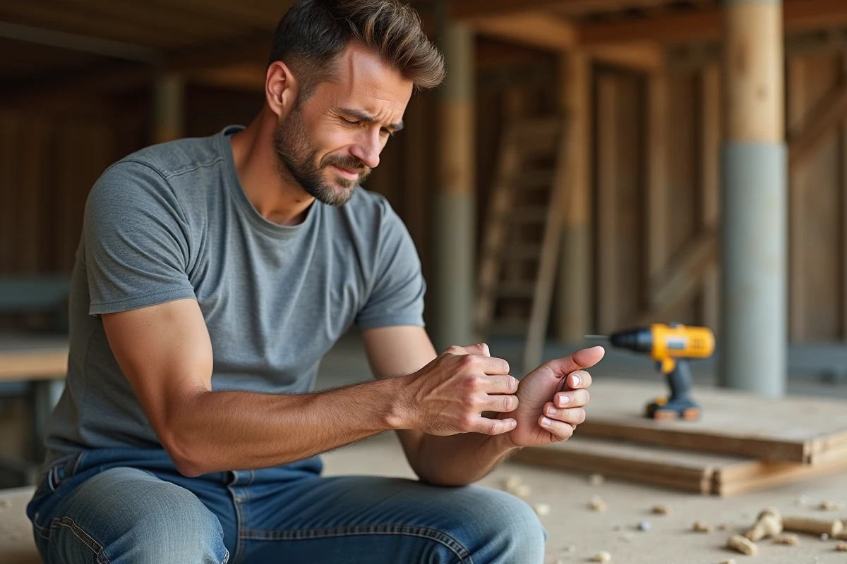 Charpentier inspectant son ongle traumatisé sur un chantier de construction pour évaluer les risques
